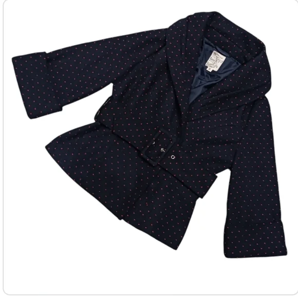 Belted Cropped Polka Dot Pea Coat Navy Red - Picture 4 of 12